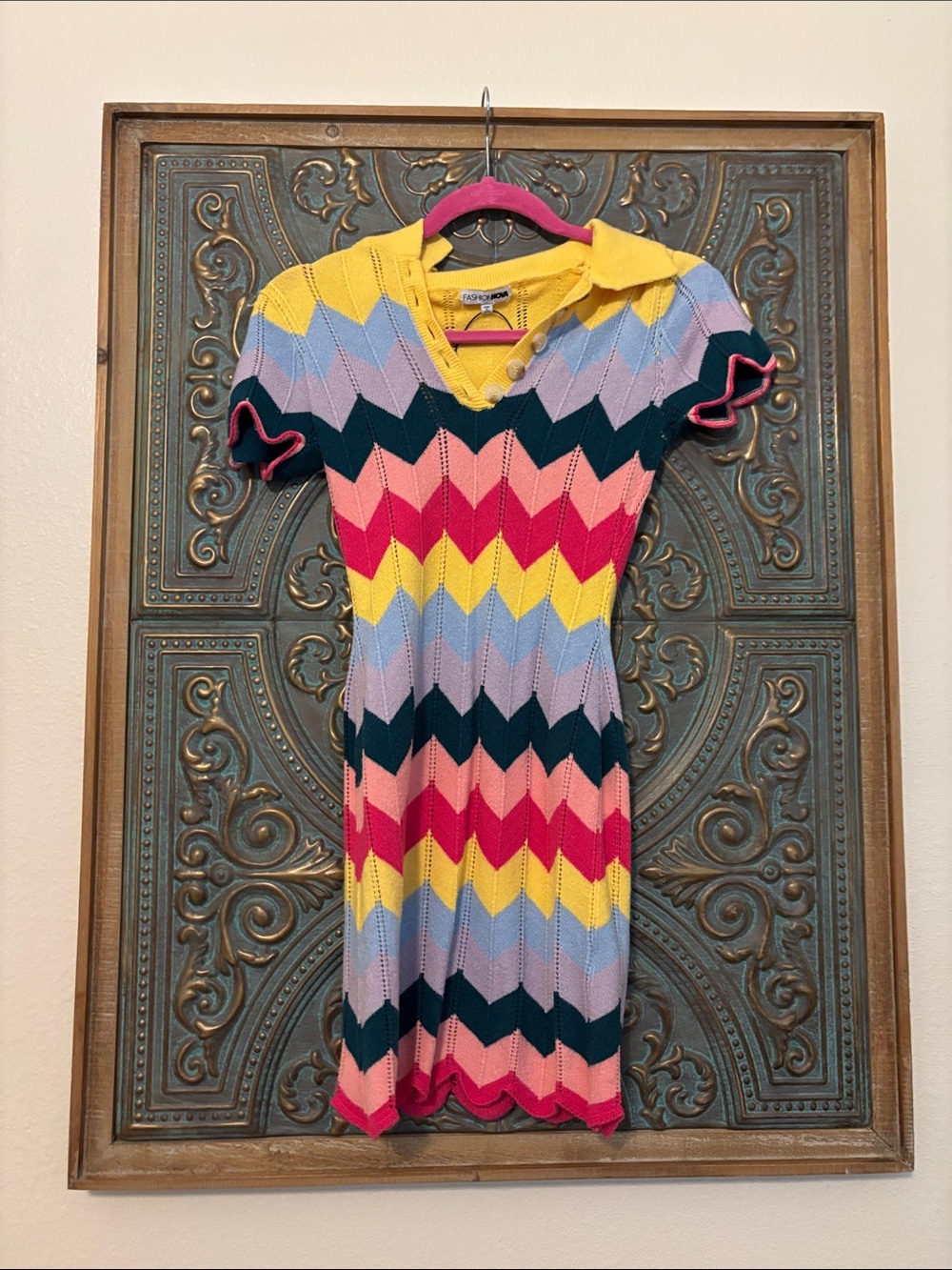 Fashion Nova Multicolor Chevron Knit Dress with Yellow Collar